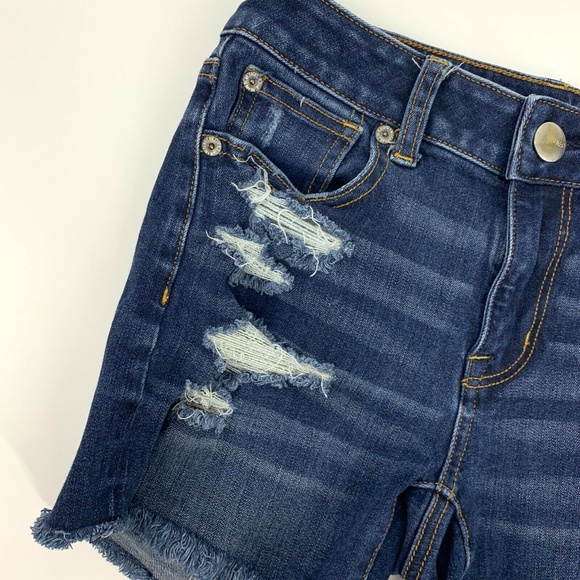 American Eagle Shortie Denim Shorts Blue Hi Rise Distressed AEO - Picture 3 of 8